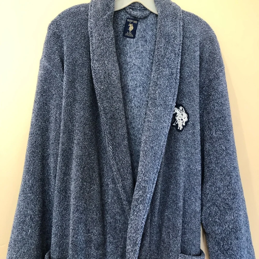 U.S. Polo Assn. Men's Blue Terry Shawl-Collar Robe with Embroidered Chest Large